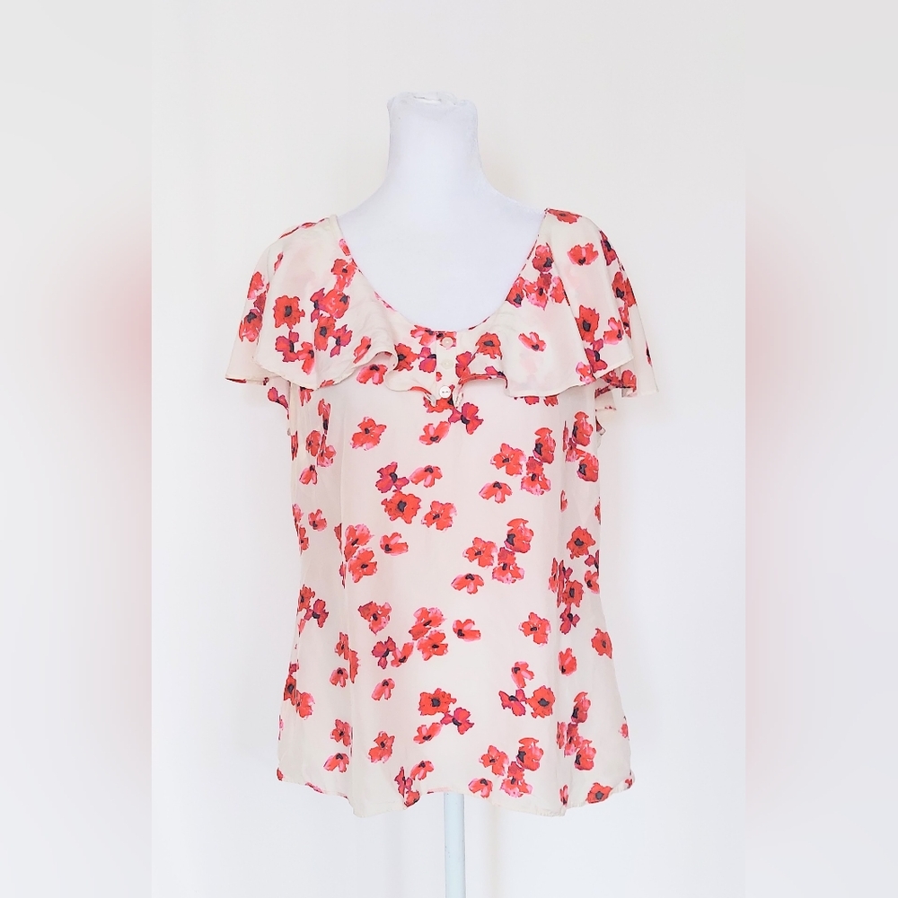 Halogen Short Sleeve Ruffle Silk Blend Floral Top Shirt Red Size Petite Medium